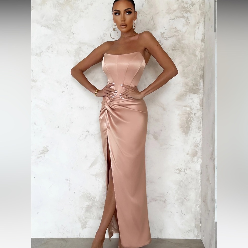Pink satin wedding guest maxi dress